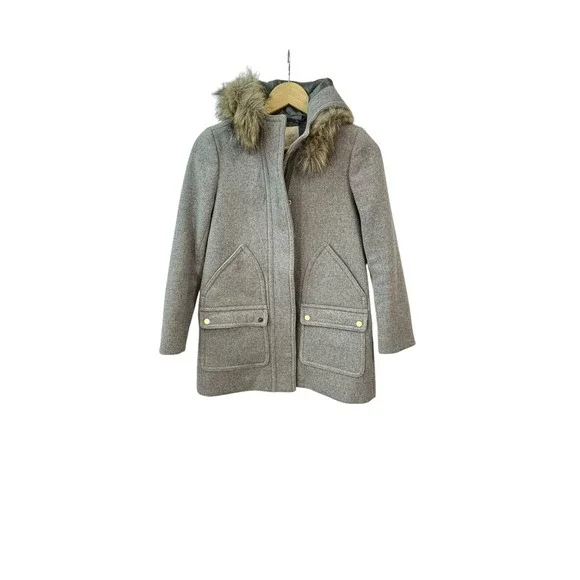 J.Crew Wool Blend Coat with Faux Fur‎ Hood Gray Winter Outerwear Sz Petite 00